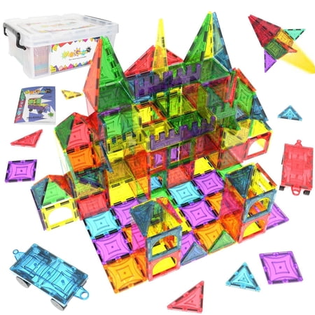 Mag-Genius Magnet Tiles - Clear Magnetic 3D Building Blocks - Educational Toys, Games, Activities, Puzzles - Creativity, Motor Skills, Learning Shapes - Plastic Storage Bin, 2 Car Base - 108 Pieces
