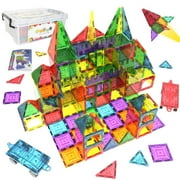 Mag-Genius Magnet Tiles - Clear Magnetic 3D Building Blocks - Educational Toys, Games, Activities, Puzzles - Creativity, Motor Skills, Learning Shapes - Plastic Storage Bin, 2 Car Base - 108 Pieces