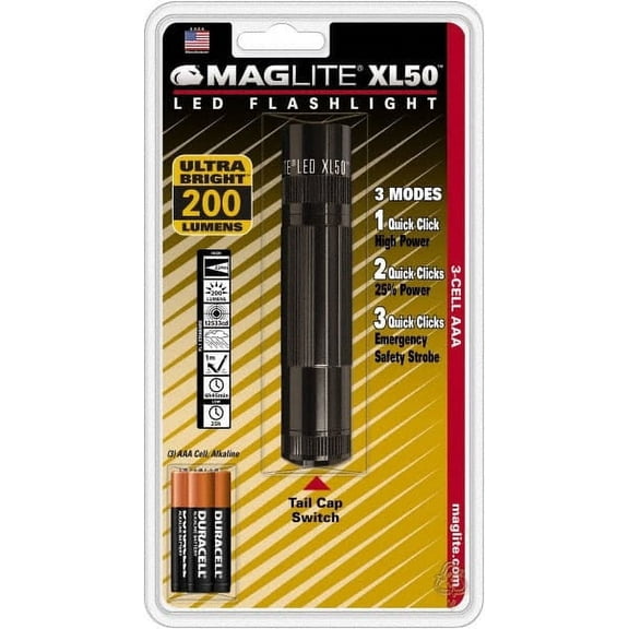 Mag-Lite LED Bulb, 200 Lumens, Industrial/Tactical Flashlight Black Aluminum Body, 3 AAA Alkaline Batteries Included