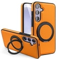 thumbnail image 1 of Mag-Safe Compatible for Samsung Galaxy S24 Case, Slim Shockproof Protective 360°Rotating Magnetic Kickstand Ring Holder Bracket Classic PU Leather Phone Cover for Samsung Galaxy S24, Orange, 1 of 9