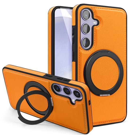 Mag-Safe Compatible for Samsung Galaxy S24 Case, Slim Shockproof Protective 360°Rotating Magnetic Kickstand Ring Holder Bracket Classic PU Leather Phone Cover for Samsung Galaxy S24, Orange