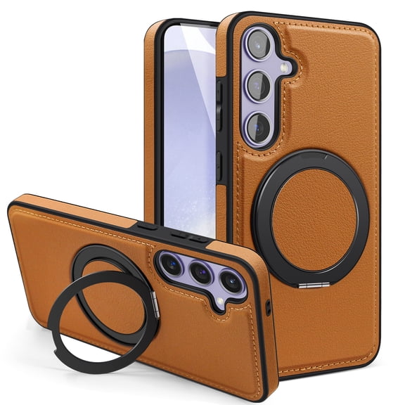 Mag-Safe Compatible for Samsung Galaxy S24 FE Case, Slim Shockproof Protective 360°Rotating Magnetic Kickstand Ring Holder Bracket Classic PU Leather Phone Cover for Samsung Galaxy S24 FE, Brown