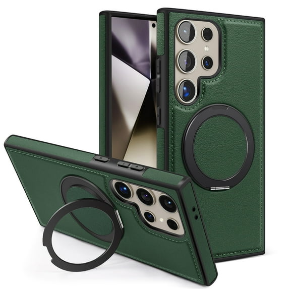 Mag-Safe Compatible for Samsung Galaxy S25 Ultra Case, Slim Shockproof Protective 360°Rotating Magnetic Kickstand Ring Bracket Classic PU Leather Phone Cover for Galaxy S25 Ultra, Darkgreen