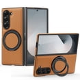 thumbnail image 1 of Mag-Safe Compatible for Samsung Galaxy Z Fold 4 Case, Slim Shockproof Protective Rotating Magnetic Kickstand Ring Bracket Classic PU Leather Phone Cover for Samsung Galaxy Z Fold 6, Brown, 1 of 7