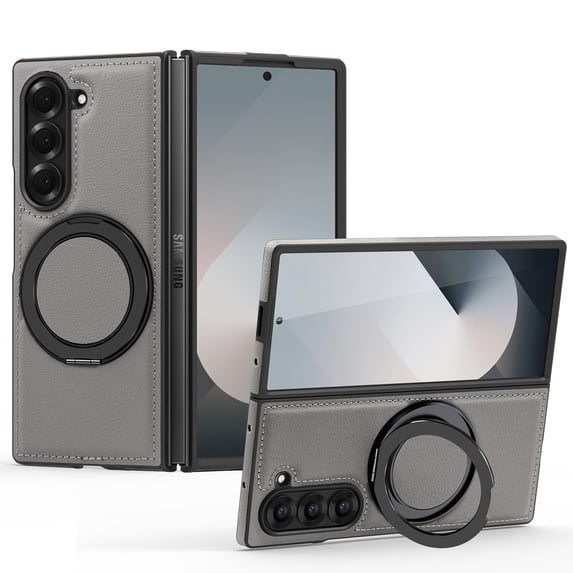 Mag-Safe Compatible for Samsung Galaxy Z Fold 6 Case, Slim Shockproof Protective Rotating Magnetic Kickstand Ring Bracket Classic PU Leather Phone Cover for Samsung Galaxy Z Fold 6, Gray