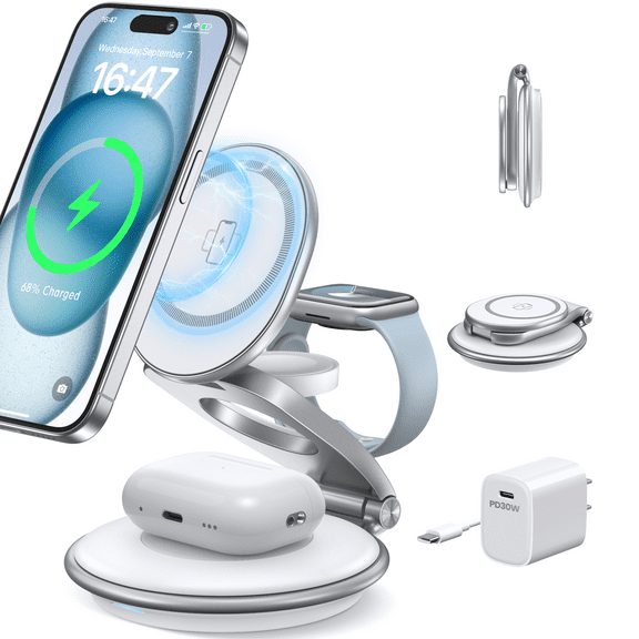 Mag-Safe Wireless Charger for iPhone: 3 in 1 Foldable Charger Station for iPhone 15/15 Pro/15 Plus/15 Pro Max/14/13/12 Series, Fast Charging for iWatch Ultra/ AirPods(White)