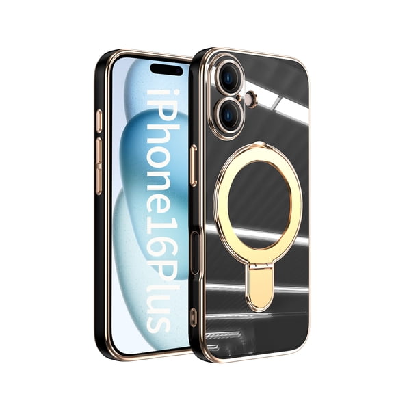 Mag-Stand Designed for iPhone 16 Plus Case with Camera Lens Protector, [All-in-1] [Compatible with MagSafe] Ring Kickstand Plated TPU Luxury Phone Case Cover for iPhone 16 Plus, Black