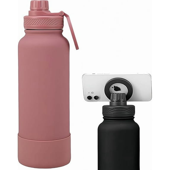 Mag-safe Compatible Insulated Sports Water Bottle With Magnetic Phone Holder, Stainless Steel Vacuum Flask Tripod Ring 360 ° Rotating (Black, 32 Ounces)