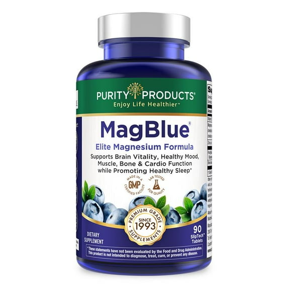 MagBlue - Purity Products - High Efficiency Magnesium Bisglycinate Buffered + Vitamin D + Boron + Zinc + PurityBlue Antioxidant Rich Organic Blueberries - Talc Free - Easy to Swallow - 90 Tablets
