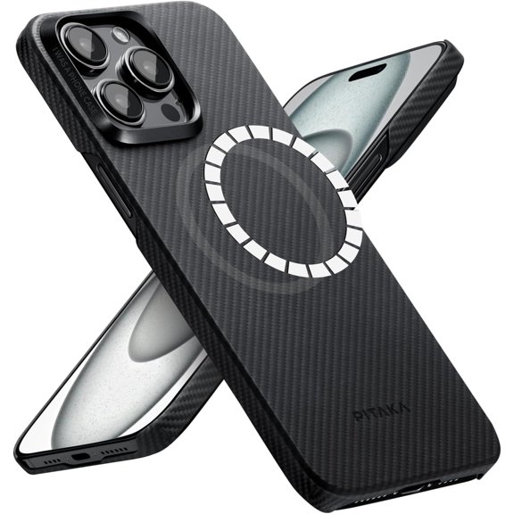 MagEZ Case 4 - Black/Grey(Twill) for iPhone 15 Pro Max, 6.7-inch, Slim & Light, Case-Less Touch Feeling, 600D Aramid Fiber Made, Compatible with MagSafe