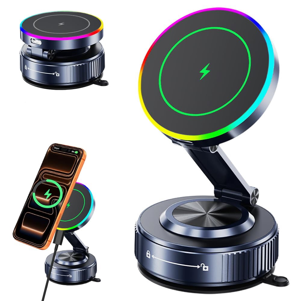 For MagSafe Car Mount Charger[15W Wireless Fast Charging], Car Vacuum Magnetic Phone Holder[120LBS Ultra Suction Cup & 3000gf Magnet ], Adjustable Suction Phone Mount for Your Car for iPhone 17-12