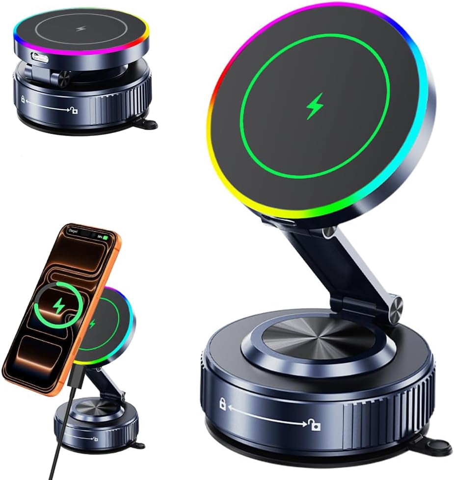 for MagSafe Car Mount Charger[15W Wireless Fast Charging], Car Vacuum Magnetic Phone Holder[120LBS Ultra Suction Cup & 3000gf Magnet ], Adjustable Suction Phone Mount for Your Car for iPhone 17-12