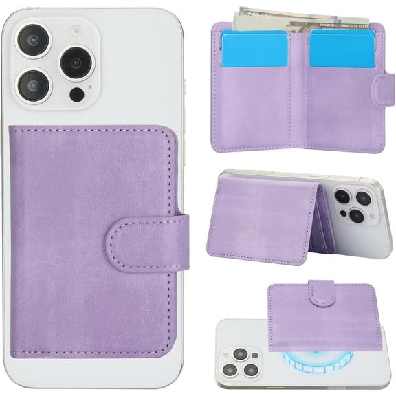 for MagSafe Card Wallet Bag compatible with MagSafe Invisible Ultra-Thin Lightweight Kickstand Magnetic Mobile Wallet Man Woman, 4 Card Slots + 1 Cash Bag. (Purple, Buckle Wallet)