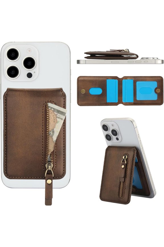 for MagSafe Card Wallet Bag compatible with MagSafe Invisible Ultra-Thin Lightweight Kickstand Magnetic Mobile Wallet Man Woman, 4 Card Slots + 1 Zipper Cash Bag. (Brown, Zipper)