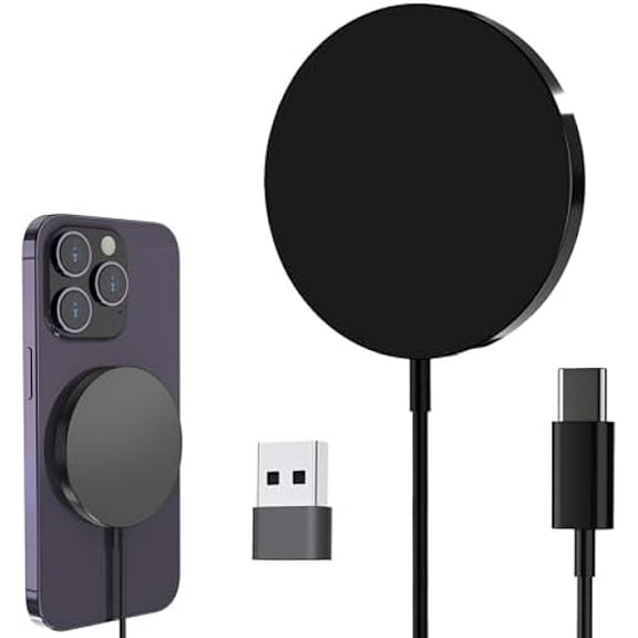 for MagSafe Charger, 15W Magnetic Portable Wireless Charger Fast Charging Pad for iPhone 16 15 14 13 12 Plus Pro Max & AirPods 2 3 Pro, Slim Lightweight Magnet Quick Charger with USB-C/A Ports, Black