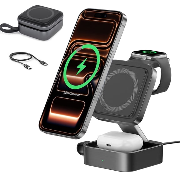 Ikuso 3 in 1 Wireless Charging Station, Foldable Travel Magnetic Fast Charger Stand with 20W USB-C Cable, for iPhone 17/16/15/14/13/12 Series (incl. 17 Air), Apple Watch & AirPods Pro
