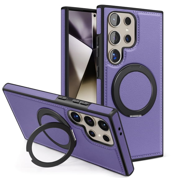 MagSafe Compatible for Samsung Galaxy S24 Ultra Case, Slim Shockproof Protective 360°Rotating Magnetic Kickstand Ring Holder Bracket Classic PU Leather Phone Cover for Galaxy S24 Ultra, Purple