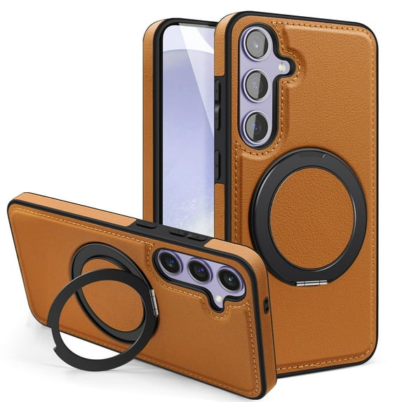 MagSafe Compatible for Samsung Galaxy S25 Case, Slim Shockproof Protective 360°Rotating Magnetic Kickstand Ring Holder Bracket Classic PU Leather Phone Cover for Samsung Galaxy S25, Brown