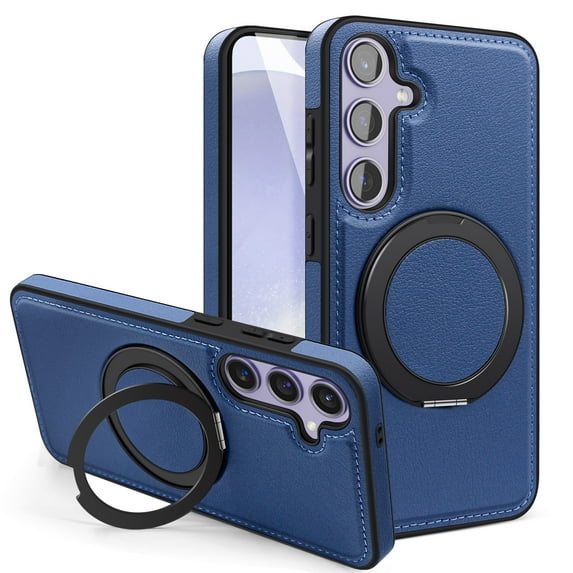 MagSafe Compatible for Samsung Galaxy S25 Case, Slim Shockproof Protective 360°Rotating Magnetic Kickstand Ring Holder Bracket Classic PU Leather Phone Cover for Samsung Galaxy S25, Blue