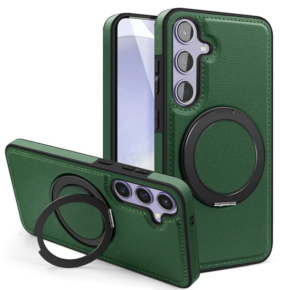 MagSafe Compatible for Samsung Galaxy S25 Case, Slim Shockproof Protective 360°Rotating Magnetic Kickstand Ring Holder Bracket Classic PU Leather Phone Cover for Samsung Galaxy S25, Darkgreen