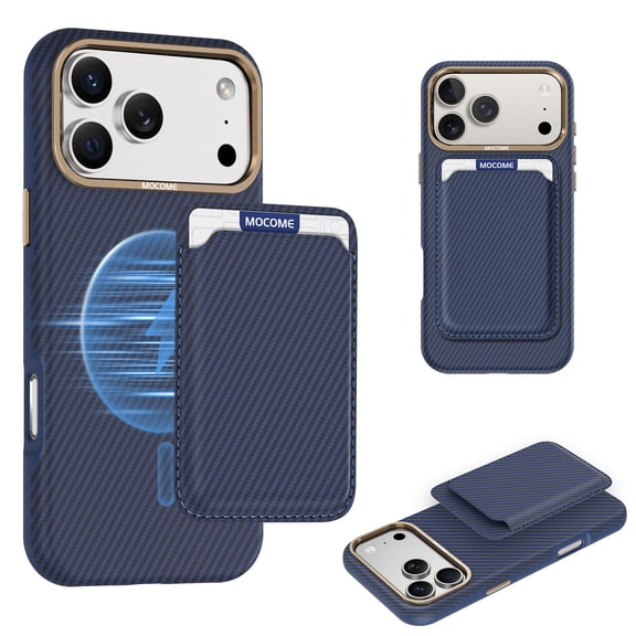 MagSafe Compatible Wallet Case, Detachable Magnetic Card Holder Carbon Fiber Phone Case, Shockproof Protective Cover for iPhone 17Promax, Slim Anti-Slip Blue
