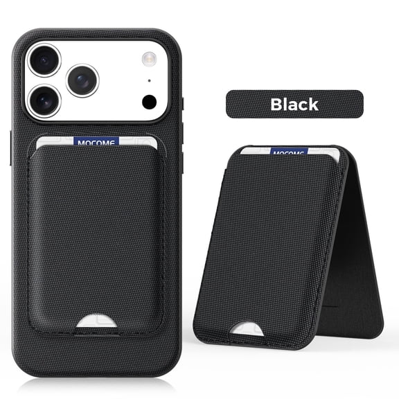 Black Magnetic Wallet Phone Case with Detachable Card Holder & Adjustable Kickstand, Durable Tech Fabric Shockproof Protective Cover for iPhone 17 Pro