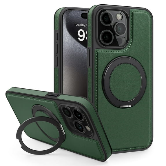 MagSafe Compatible for iPhone 12 Pro / iPhone 12 6.1" Case, Slim Shockproof Protective 360°Rotating Magnetic Kickstand Ring Holder Bracket Classic PU Leather Phone Cover, Darkgreen