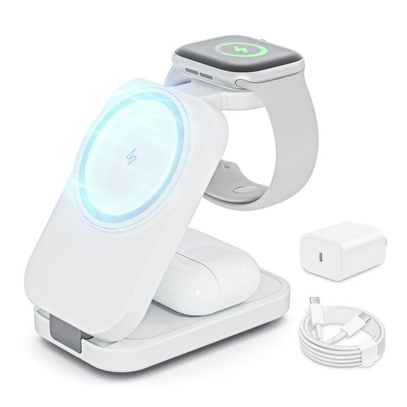 MagSafe Foldable 3-in-1 Wireless Charging Docking Station for iPhone 15 14 13 12 & Apple Watch 2-8, White, Single Piece