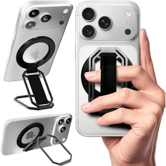 for MagSafe Phone Grip, 4-in-1 Stable Octagon Kickstand with Finger Loop, Phone Ring Holder Strap for iPhone 17-12 – Secure One-Hand Hold, Comfortable Scrolling, Hands-Free Video Calls – Black