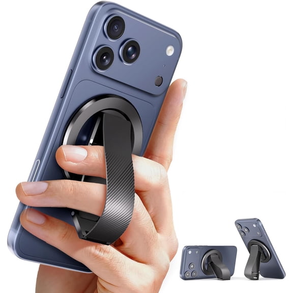 for MagSafe Phone Grip, Magnetic Phone Grip with Silicone Finger Strap & Dual-axis Adjustable Kickstand, Magnetic Phone Stand Ring Holder for Mag Safe iPhone 17/16/15/14/13/12 Series, Black