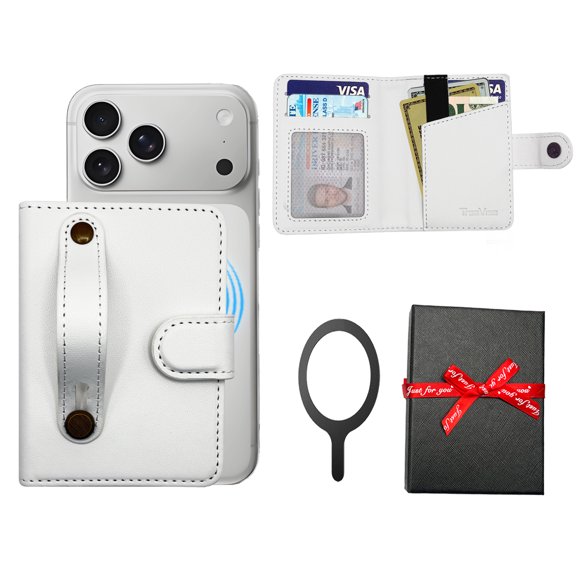 for MagSafe Phone Wallet Magnetic Card Holder for iPhone 17/16/15/14/13/12/Pro/Max/Plus,RFID Blocking Strong Magnet Wallets for MagSafe Phones and Cases,Hold 5 Cards,Strap Stand Leather White