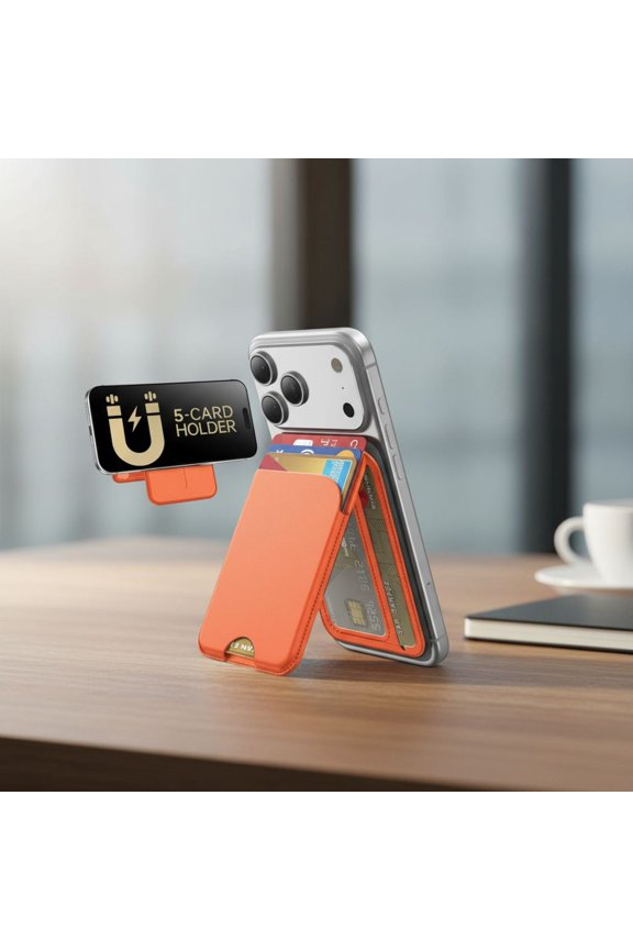 for MagSafe Wallet, 5 Card Holder with Stand, Magnetic Phone Wallet Stand for iPhone 17/16/15/14/13/12 Pro Max Air Plus Series, RFID Blocking Vegan Leather,Orange