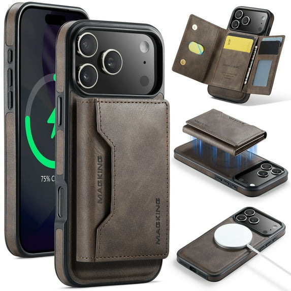 MagSafe Wallet Case for iPhone 17 Pro Max with Card Holder, Detachable Wireless Charging Faux Leather Kickstand Case with 8 Card Slots, RFID Blocking - 6.9 inch (Gray)