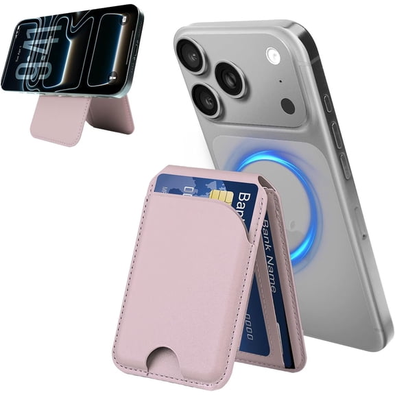 for MagSafe Wallet,Leather Magnetic Wallet for Phone with Adjustable Stand,5 Magnetic Credit Card Holder RFID Blocking for iPhone 17 16 15 14 13 12 Air Pro Max Series Cases(Pink)