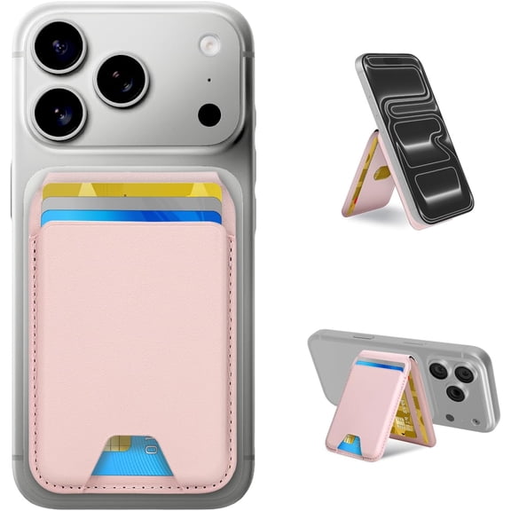 for MagSafe Wallet,Leather Magnetic Wallet for Phone with Adjustable Stand,5 Magnetic Credit Card Holder RFID Blocking for iPhone 17 16 15 14 13 12 Pro Max Air Series Cases(Slim-Pink)