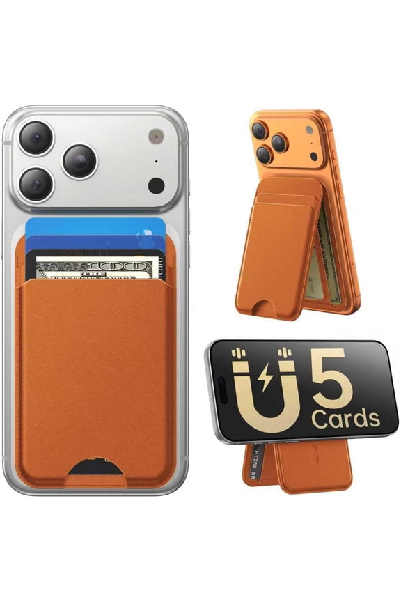 for MagSafe Wallet with Stand, 5 Card Holder, Slim Leather Magnetic Wallet for iPhone 17/16/15/14/13/12 Pro Max Plus Air Series, 3 Card Slots & 1 Cash Slot,Brown