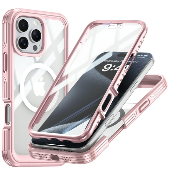 MagSafe for iPhone 16 Pro Max Case with Screen Protector, [Compatible with MagSafe] Luxury Clear Slim Full-Body Protection Shockproof Rugged Bumper Case for iPhone 16 Pro Max, Pink