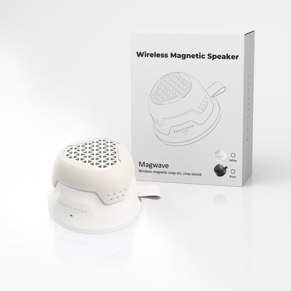 MagTek Powerful Compact Bluetooth Wireless Speaker with Magnetic Mounting Base Connects to Back of Phone or Steel Surface and Carabiner Clip in Off-White