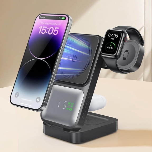 MagTime 4-in-1 Charging Station, Foldable Wireless Charger Stand with Real-Time Power and Time Display, Compatible with iPhone 16/15/14/13 Series, Apple Watch 9, and AirPods (White)