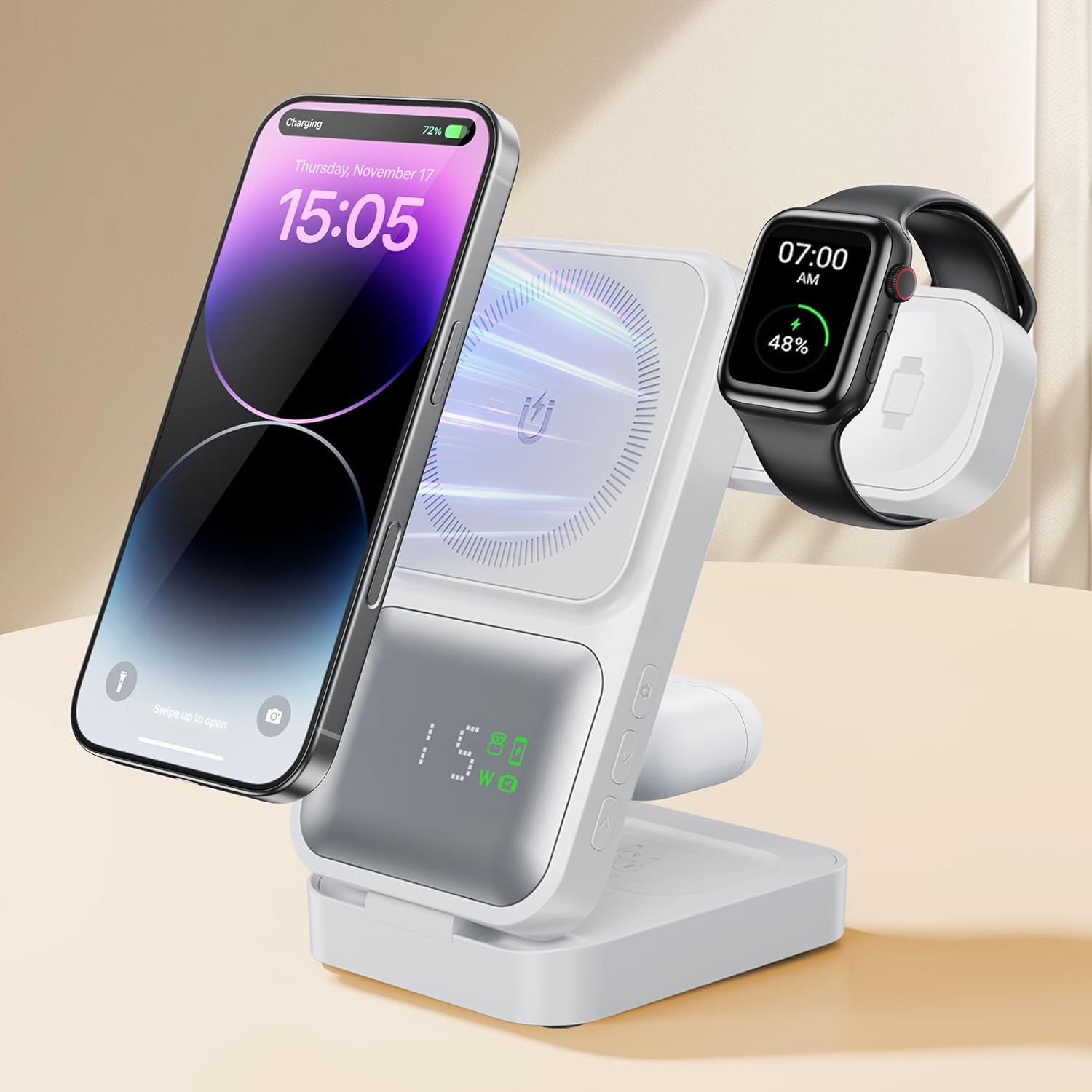 MagTime 4-in-1 Charging Station, Foldable Wireless Charger Stand with Real-Time Power and Time Display, Compatible with iPhone 16/15/14/13 Series, Apple Watch 9, and AirPods (White)
