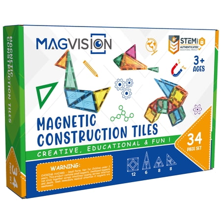 MagVision 34-Piece Magnetic Building Tiles Set, STEM Education Construction Set, Extra Strong and Safe Magnets, Educational Toys for Children Ages 3+ Years