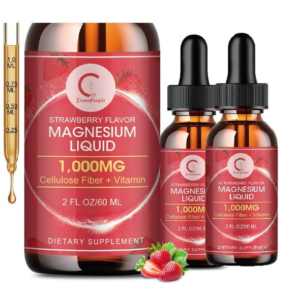 Magnesium Glycinate Liquid Drop - With Bromelain Cellulose Fiber + Vitamin B6,C - for Energy, Sleep, Muscle, Immune, Strawberry Flavor, 2 Fl OZ 60ml(2 Pack)