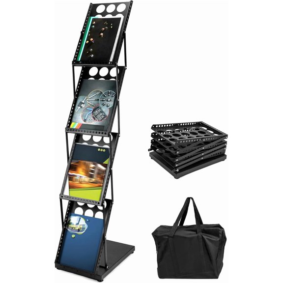 Magazine Brochure Display Rack Stand, 4 Pocket Foldable Literature Catalog Rack Book Holder Tradeshow Display Stand, for Office Store and Exhibition Trade Show (Black)