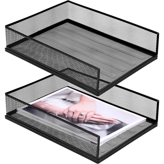 Magazine File Holder, 2 Pack Desk Organizer and Accessories, Metal Paper Tray Office Document Organizer Wire Mesh Letter Trays Stackable Desk File Storage Basket, Black
