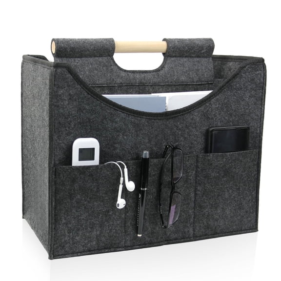 Felt newspaper basket, modern newspaper and magazine shelves, large wooden handle portable file shelf, used for home and office storage（dark grey）