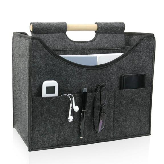 Felt newspaper basket, modern newspaper and magazine shelves, large wooden handle portable file shelf, used for home and office storage（dark grey）