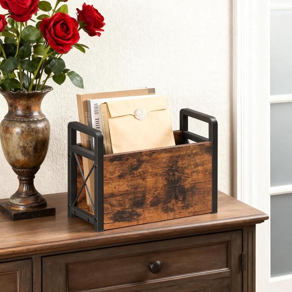 Magazine Holder, Magazine Rack Floor, Magazine Storage Basket, Magazine Rack for Desktop Home Office, Wooden Mail Organizer for Books, Newspapers, Mails, Rustic Brown and Black