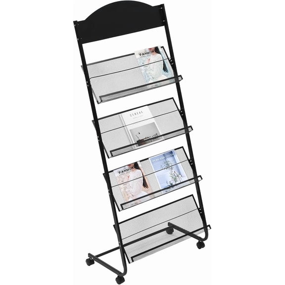 Magazine Rack, 4 Pockets Floor Literature Organizer Display Rack with Wheels, Office Library Catalog Literature Rack for Trade Show Exhibitions Office Retail Store, 59.45"H (4 Pockets, with Wheels)