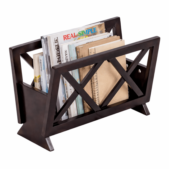 Solid Wood Magazine Rack, Freestanding X-Frame Organizer for Magazines, Newspapers, Books & 12.5" Vinyl Records, Dark Finish, Assembly Required
