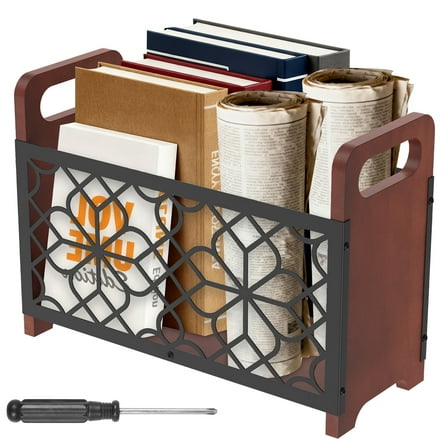 Magazine Storage Basket Wooden Newspaper File Holder Rack Desktop Folder Organizer with Handle for Coffee Table Bookshelf Desk
